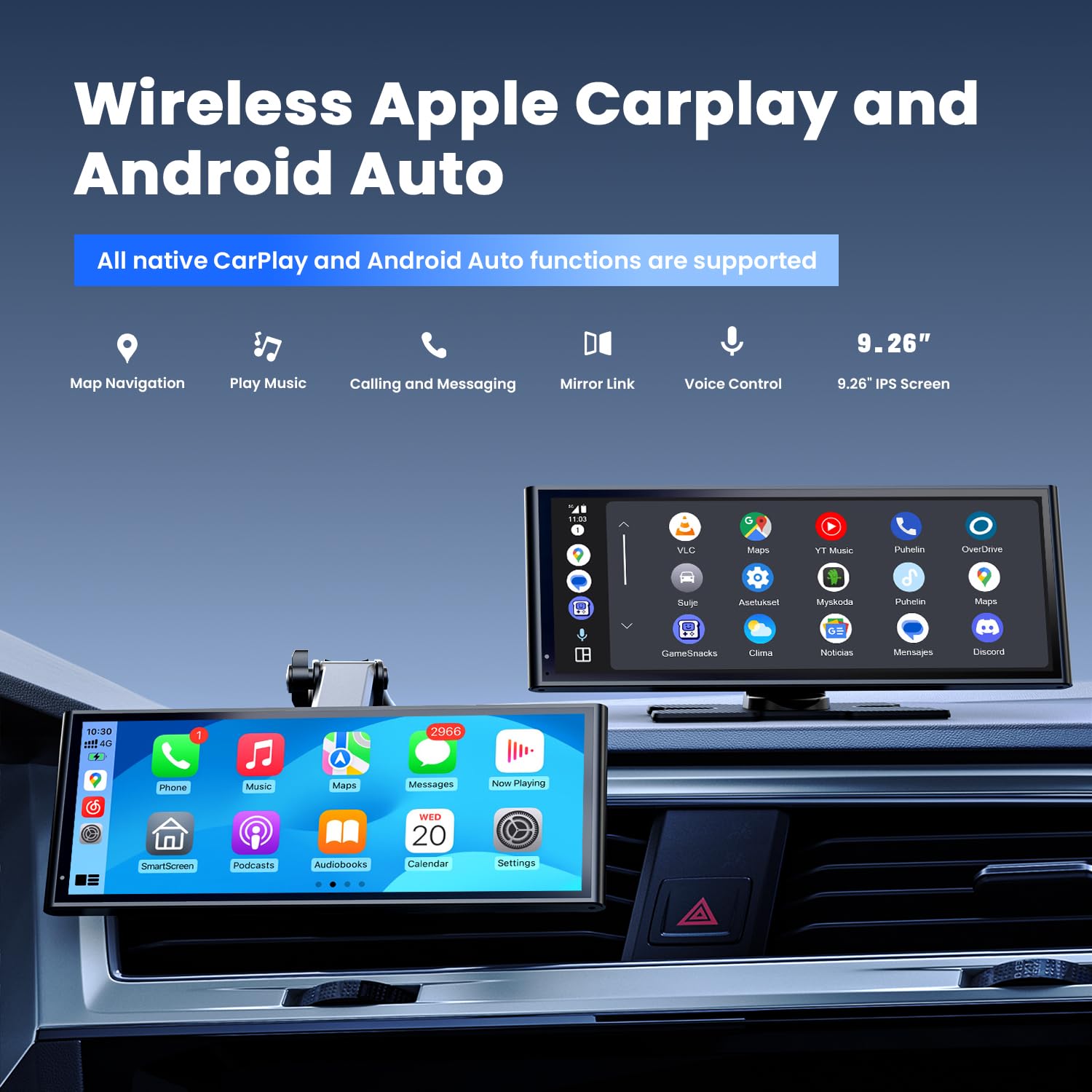 krunia 9.26" Wireless Portable Car Play Screen for Apple CarPlay & Android Auto, OTA Updates, Backup Camera, Mirror Link, 5.0 Bluetooth, Voice Control, GPS Navigation, FM
