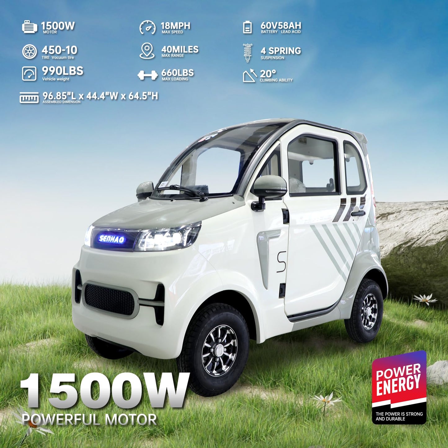 Fully Enclosed Mobility Scooters for Adults, Heavy Duty 4-Wheels 3 Passengers Electric Powered Mobility Scooter for Seniors All Terrains 1500W for Safer Travels Vehicle Car