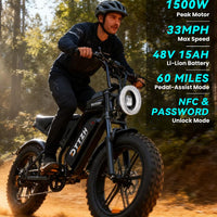 DTTZH F6 1500W Adult Electric Bike, 33MPH Fast E Bikes for Adults Electric, 20" x 4" Fat Tire Ebike, 750W Motor Long Range Electric Mountain Bikes, 48V 15Ah UL 2849 Certified, 60 Miles Range - Black