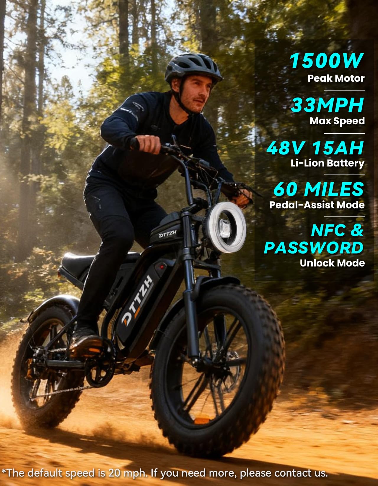 DTTZH F6 1500W Adult Electric Bike, 33MPH Fast E Bikes for Adults Electric, 20" x 4" Fat Tire Ebike, 750W Motor Long Range Electric Mountain Bikes, 48V 15Ah UL 2849 Certified, 60 Miles Range - Black