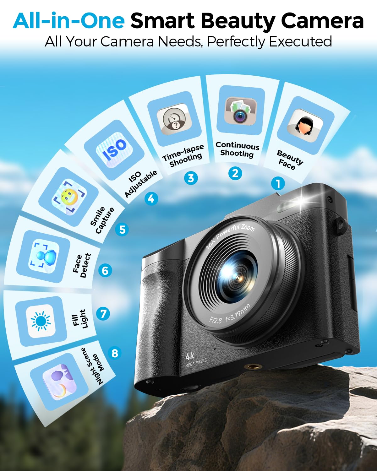 4K Digital Camera for Photography- 50MP Autofocus Vlogging Camera with 2.8" 180° Flip Screen, 16X Digital Zoom- Compact Point and Shoot Camera with 64GB SD for YouTube, Travel, Beginners - Volt-Edge Technologies®