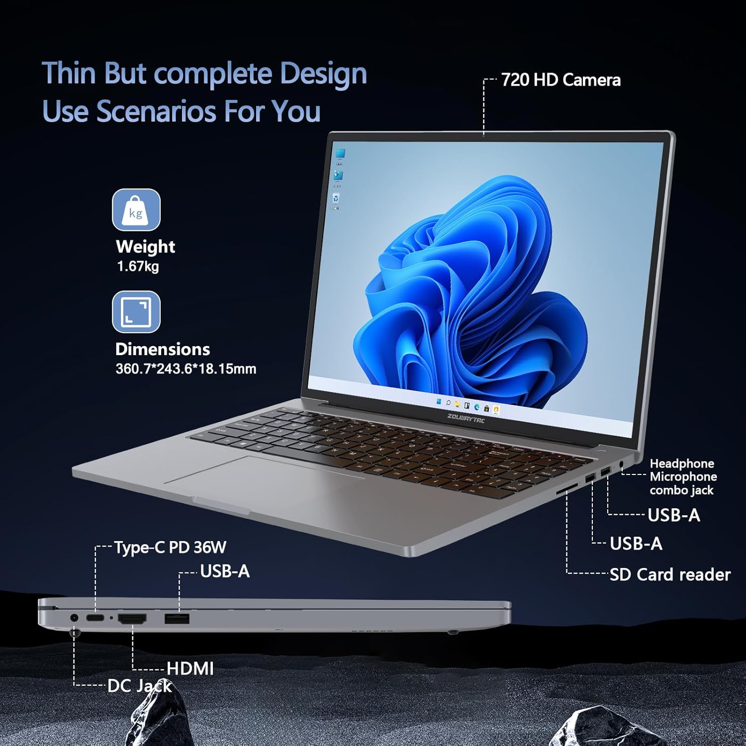 ZOLWAYTAC 16" Inch Laptops, Win 11Computer Laptop Gaming,16GB RAM 512GB SSD,N100 CPU(Up to 3.4GHz,12th),with WiFi/BT,Backlit Keyboard,5000mAh,Support Type C Charging,for Gaming,Business,Silver Gray