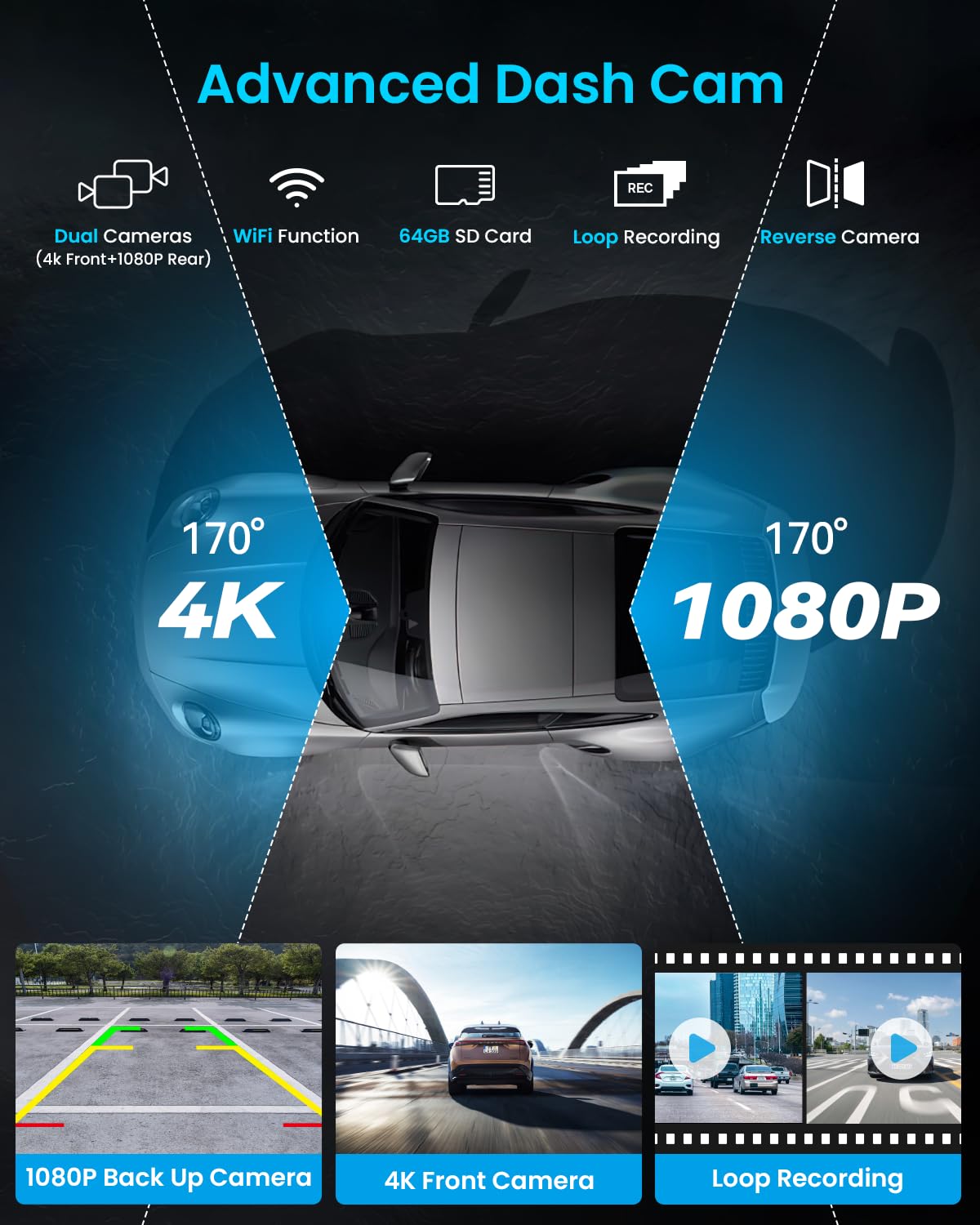 Portable Apple Carplay Screen, 10’’ Car Stereo Wireless Car Play & Android Auto Touch Screen, 4K Dash Cam, 1080P Backup Camera, Mirror Link/Voice Control/Music Play/GPS Navigation