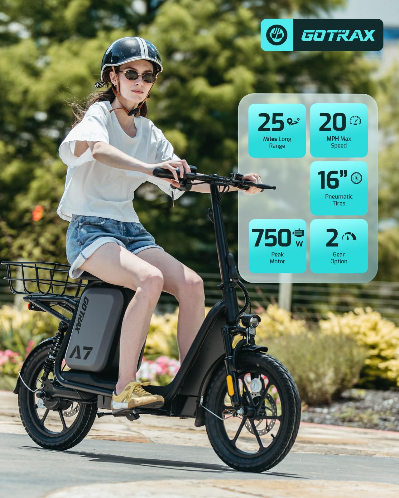 Gotrax A7 Electric Scooter for Adults-16 Pneumatic Tires, 500W Motor Hits 20 Mph, 28 Miles Range & 2 Gears, Comfortable Seat & Big Seat Bag, Wider Deck & Carry Basket for Daily Commuting Black