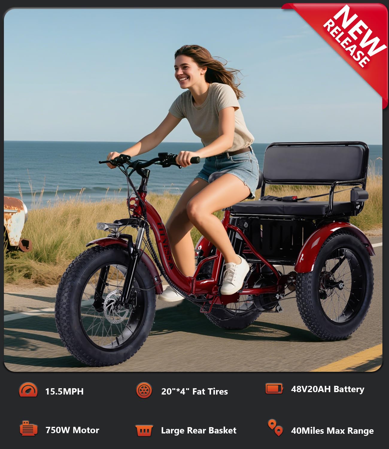 Adult Electric Tricycle 85% Pre-Assembled! Two-Person Electric Tricycle Senior Mobility Scooter Features Dual Storage Baskets & Rear Seat 500W Motor 48V 20Ah Battery（red）