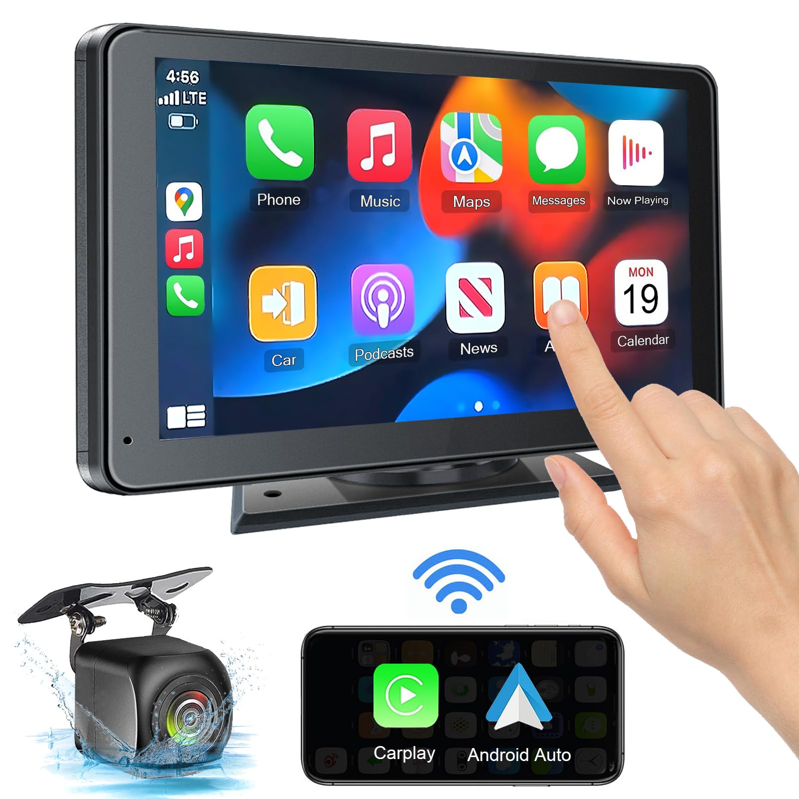 Portable Wireless with Apple CarPlay and Android Auto Screen for Car, 7" HD Touch Screen Car Stereo with Mirror Link, Bluetooth 5.2, Backup Camera, AUX,FM Transmitter for All Vehicle