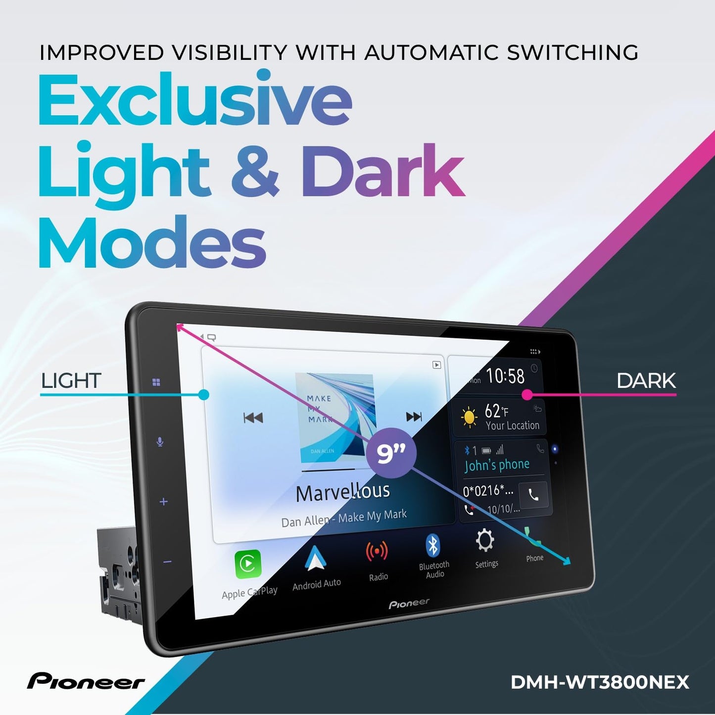 Pioneer DMH-WT3800NEX 9" Capacitive Touchscreen, Floating Display – Wireless & Wired Apple CarPlay & Android Auto, Amazon Alexa, Bluetooth, FLAC, Backup Camera, HD Radio