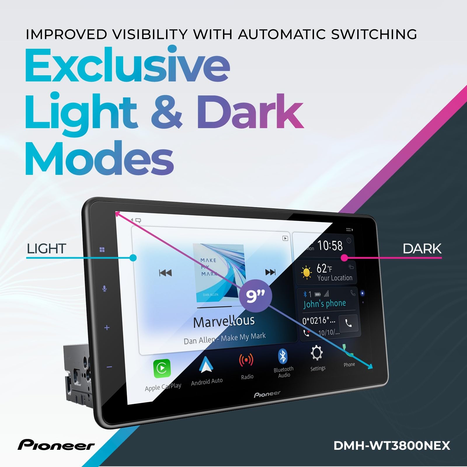 Pioneer DMH-WT3800NEX 9" Capacitive Touchscreen, Floating Display – Wireless & Wired Apple CarPlay & Android Auto, Amazon Alexa, Bluetooth, FLAC, Backup Camera, HD Radio