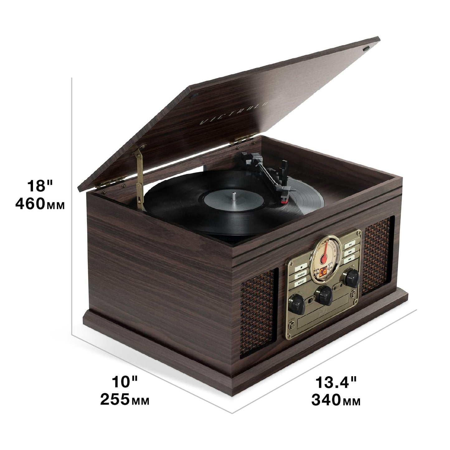 Victrola The Quincy 6-in-1 Bluetooth Record Player & Multimedia Center with Built-in Speakers – 3-Speed Turntable, CD & Cassette Player, AM/FM Radio, Wireless Music Streaming (Mahogony)