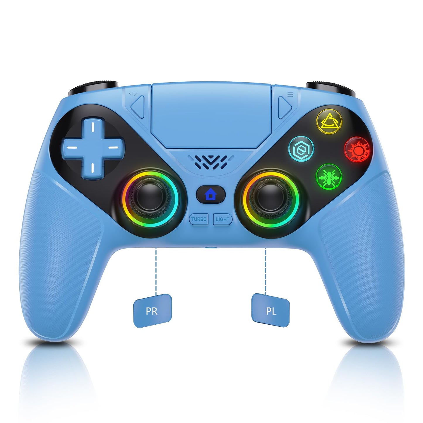 Dinosoo RGB Wireless Controller for PS5/PlayStation 5 PC, Bluetooth Controller with Turbo, Macro, Dynamic Vibration, 6-Axis Motion Control, 3.5mm Audio Jack, 1000mAh Battery, Speaker - Blue