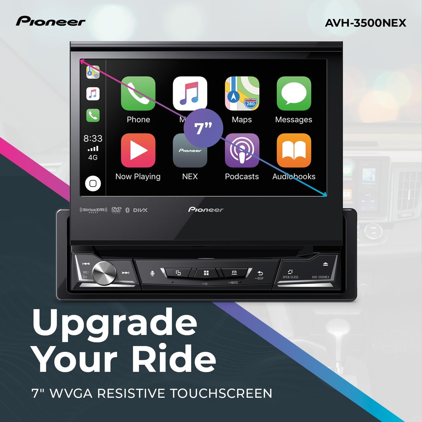 Pioneer AVH-3500NEX 7" Motorized Touchscreen, Single Din – Wired Apple CarPlay & Android Auto, Bluetooth, Backup Camera, HD Radio, SiriusXM, FLAC, Hi-Volt RCA