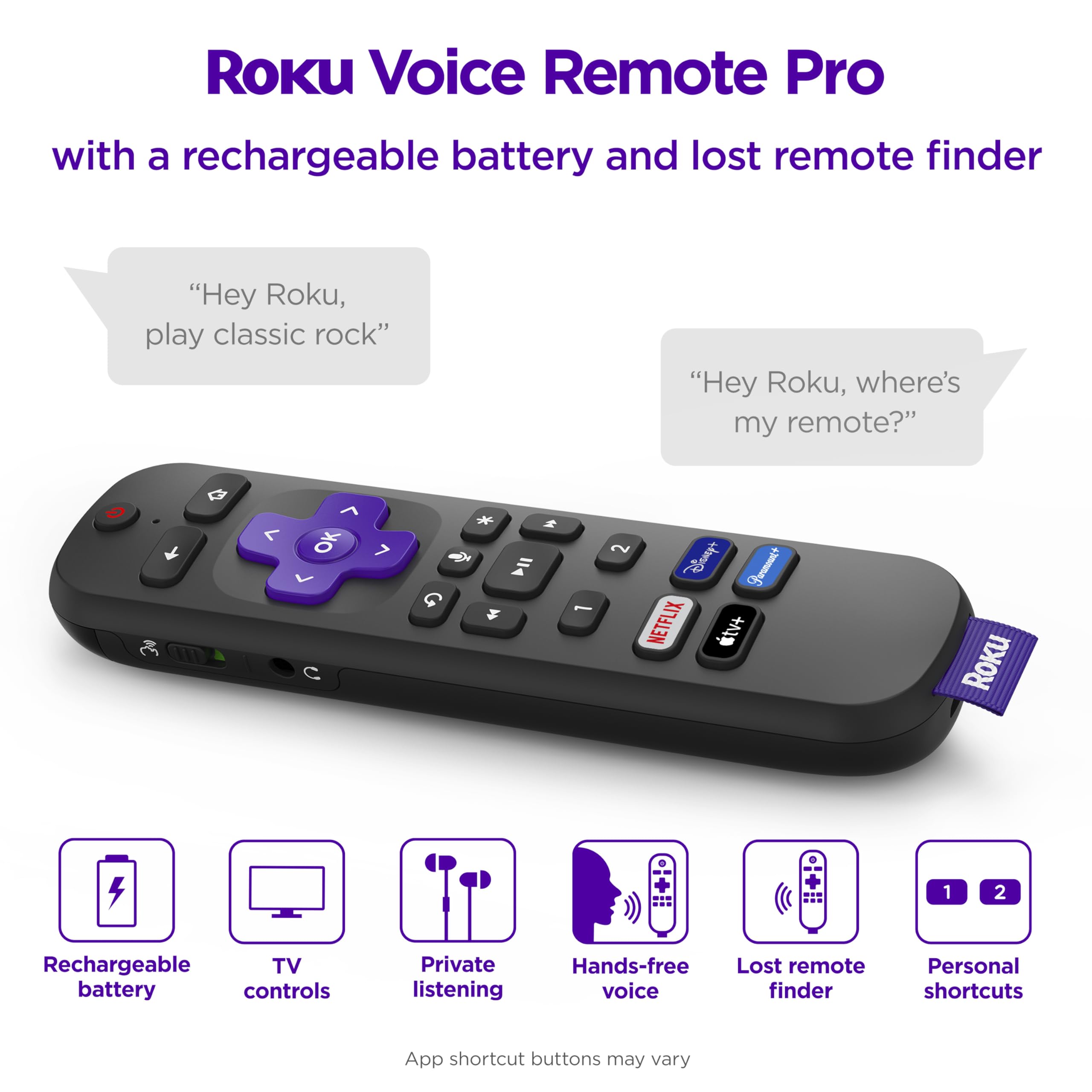 Roku Voice Remote Pro | Rechargeable with Hands-free Voice Controls, Headphone Mode & Lost Device Locator - Compatible with RokuTV, Players & Audio Devices