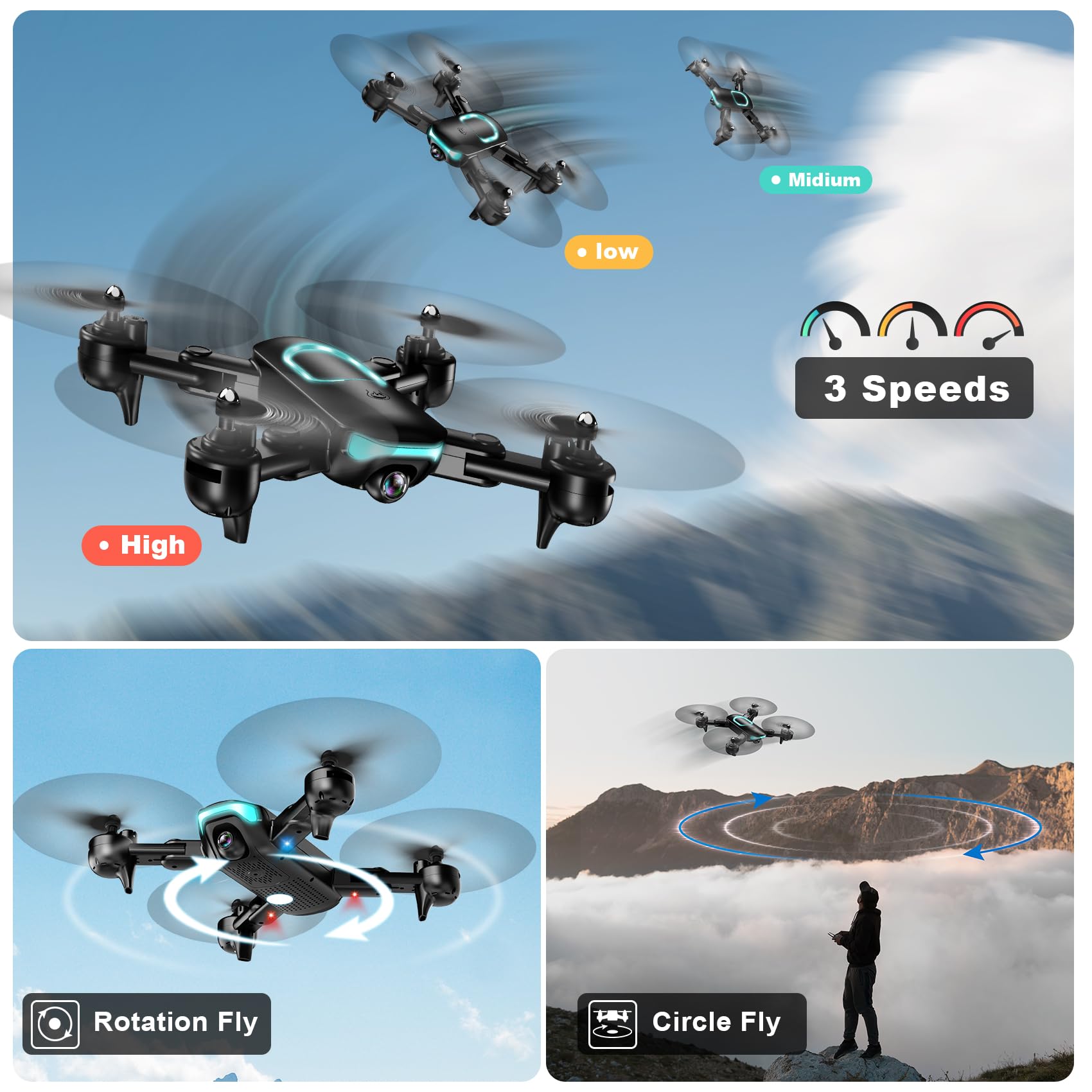 Drone with Camera, Foldable Drone for Beginners with 1080P Camera, Upgrade Altitude Hold, Circle/Rotating/Waypoint Fly, 3D Flip, One Key Start, 3 Speed Mode, 2 Batteries
