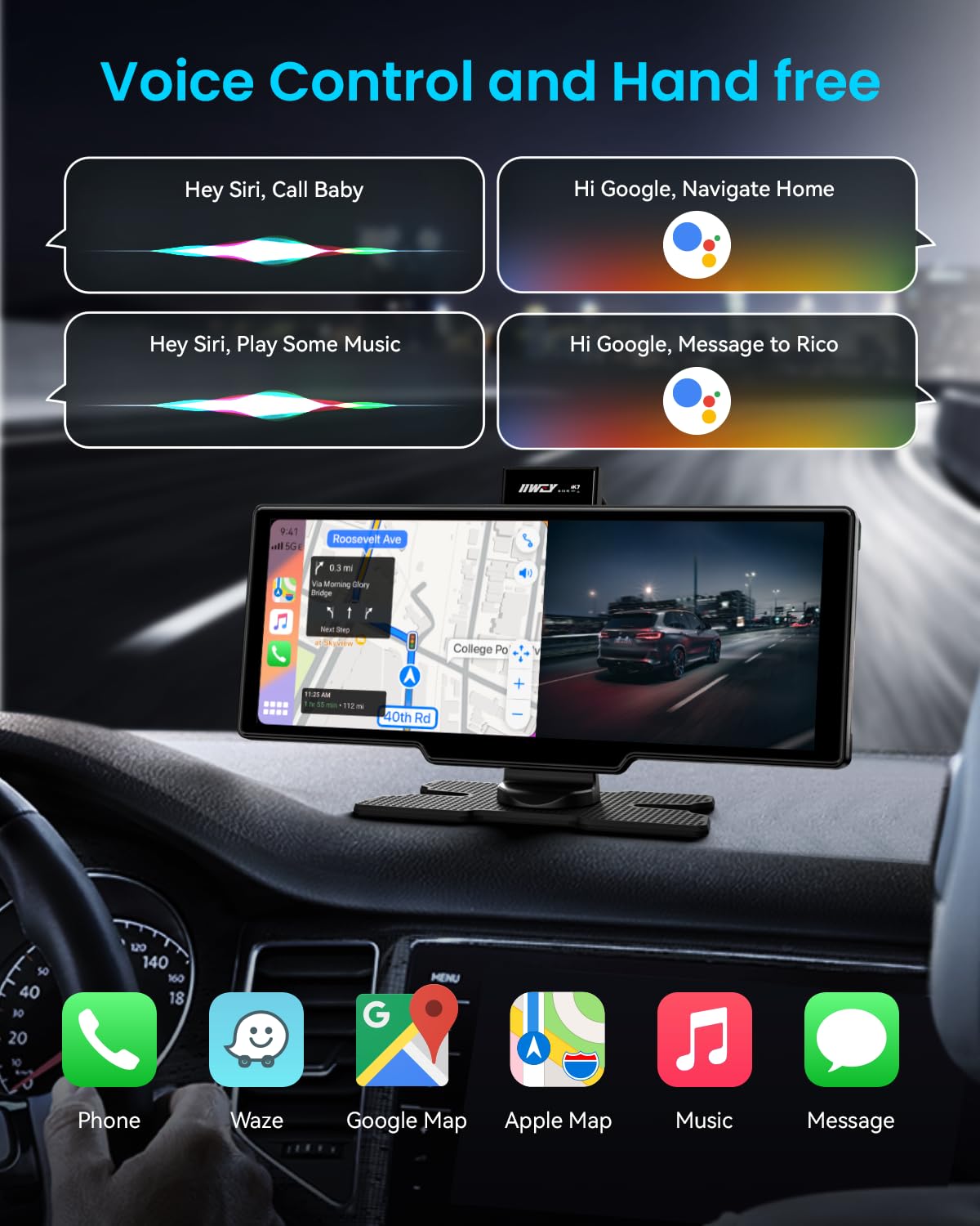 Portable Apple Carplay Screen, 10’’ Car Stereo Wireless Car Play & Android Auto Touch Screen, 4K Dash Cam, 1080P Backup Camera, Mirror Link/Voice Control/Music Play/GPS Navigation
