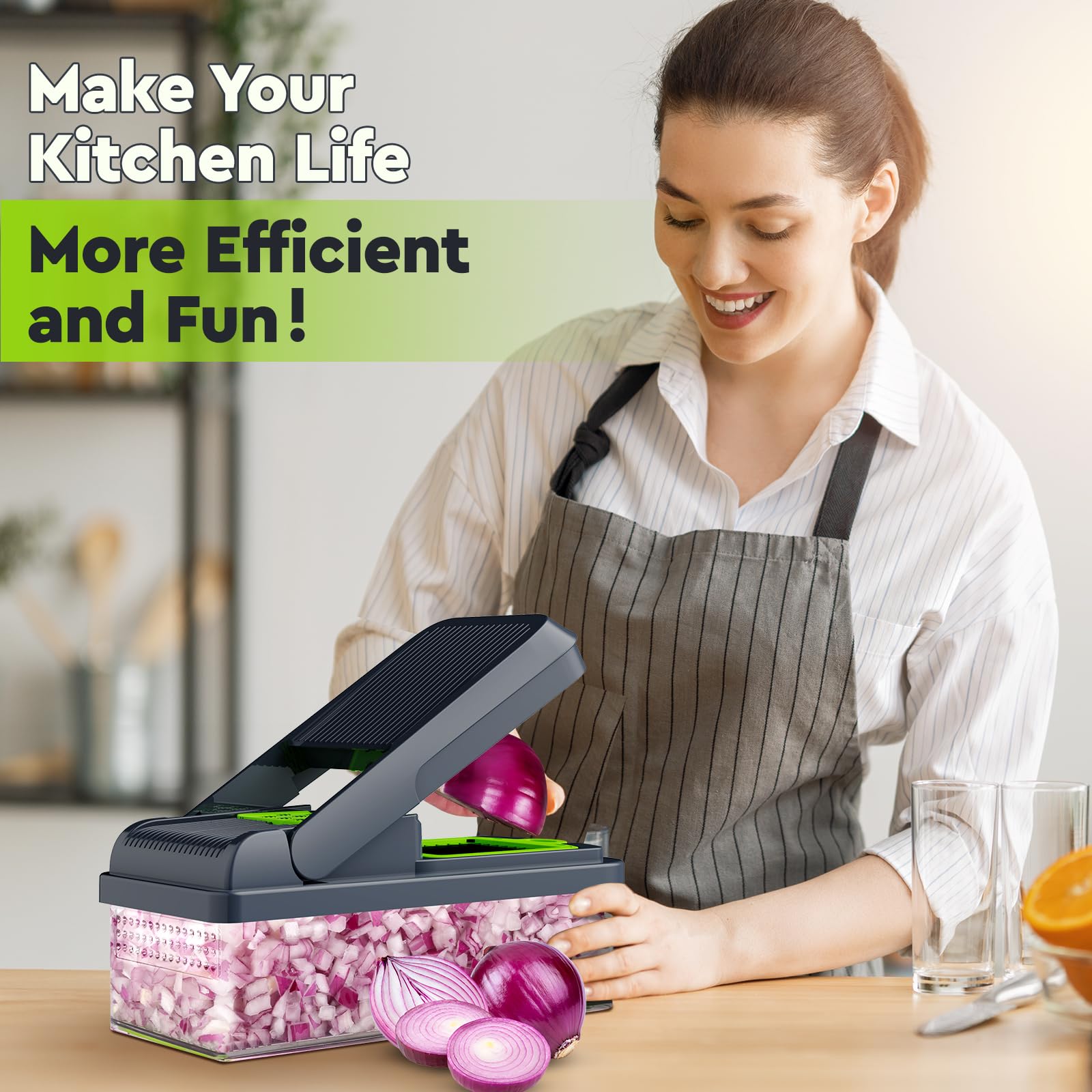 MealHelper 12-in-1 Vegetable Chopper, 7 Blade Veggie Chopper, Practical Food Chopper with Container, Cheese Grater, Home Essentials & Kitchen Gadgets(Green/Grey)