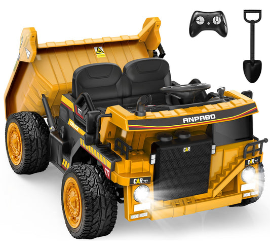 ANPABO 24V Ride On Dump Truck, 2X75W Powerful Motors, Up to 4.4Mph, EVA Tires, Construction Vehicle w/Electric Dump Bed and Extra Shovel, 19" Spacious Seat, Kids Car w/Parent Remote -Yellow