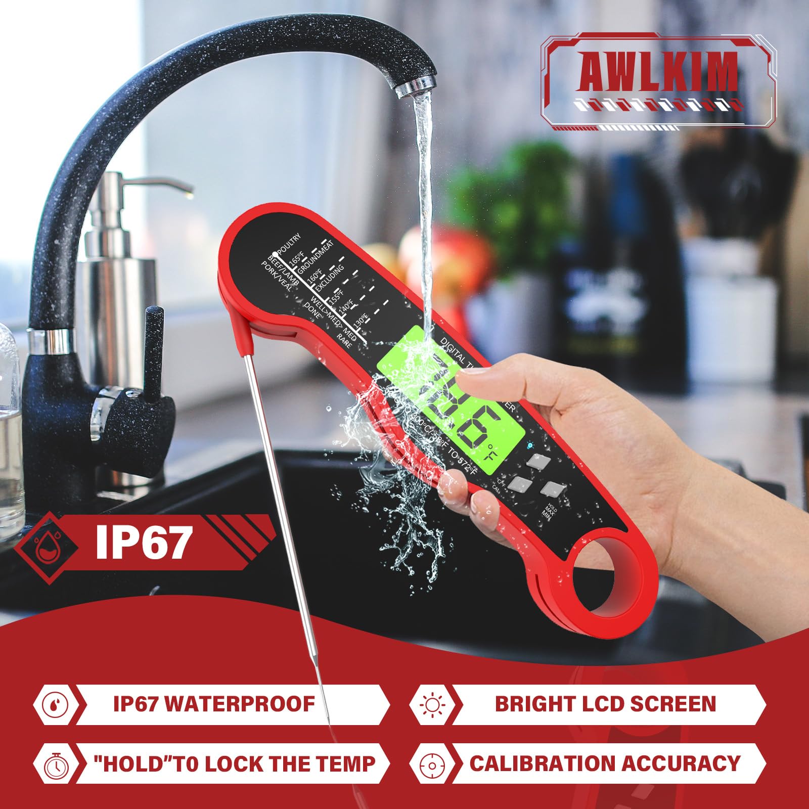 AWLKIM Meat Thermometer Digital - Instant Read Waterproof Food Thermometer with Backlight for Cooking, Grill, Candy, Kitchen & Stocking Stuffers for Men - Red