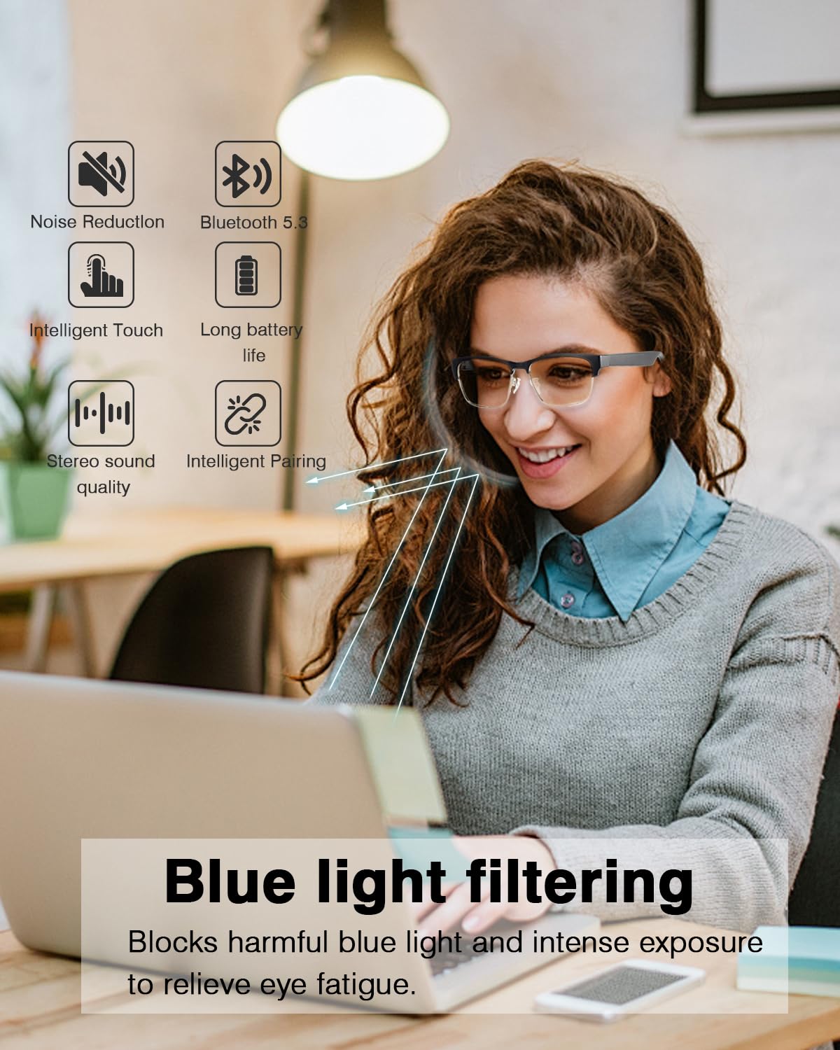 Smart Glasses,Bluetooth Glasses for Men Women with Anti-Blue Light&UV400 Lenses,Audio Eyewear with Bluetooth Speakers,Music Playback&Hands-Free Calling,Touch&Voice Assistant,for Indoor&Outdoor