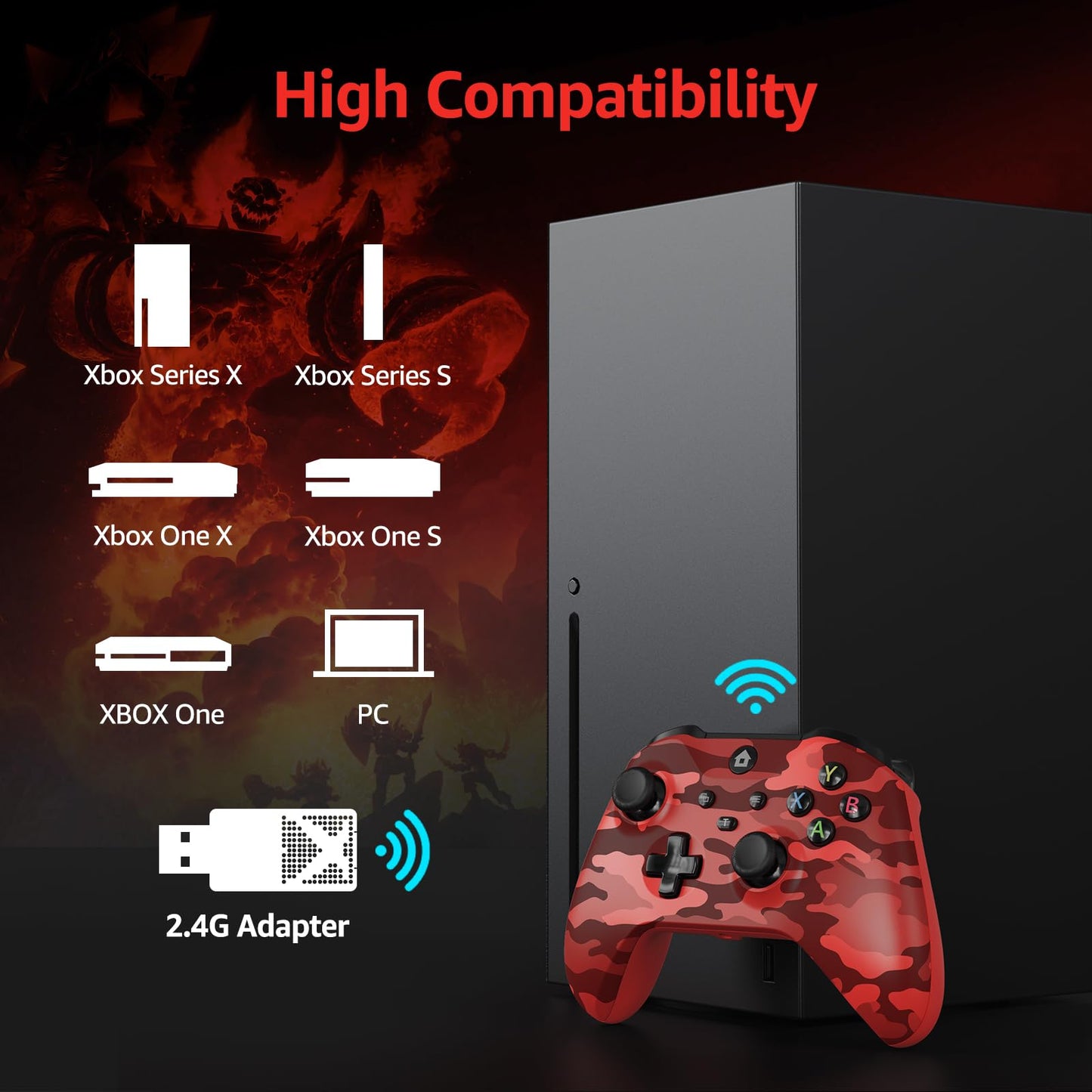 GMVOX Wireless Controller for XBOX, Gaming Controller Support Turbo/3.5MM Audio Jack/Dual Vibration, Controller Compatible with XBOX One/ One S/X, XBOX Series S/X, PC, IOS, Android Platforms,with 2.4g Adapter,Camo Red