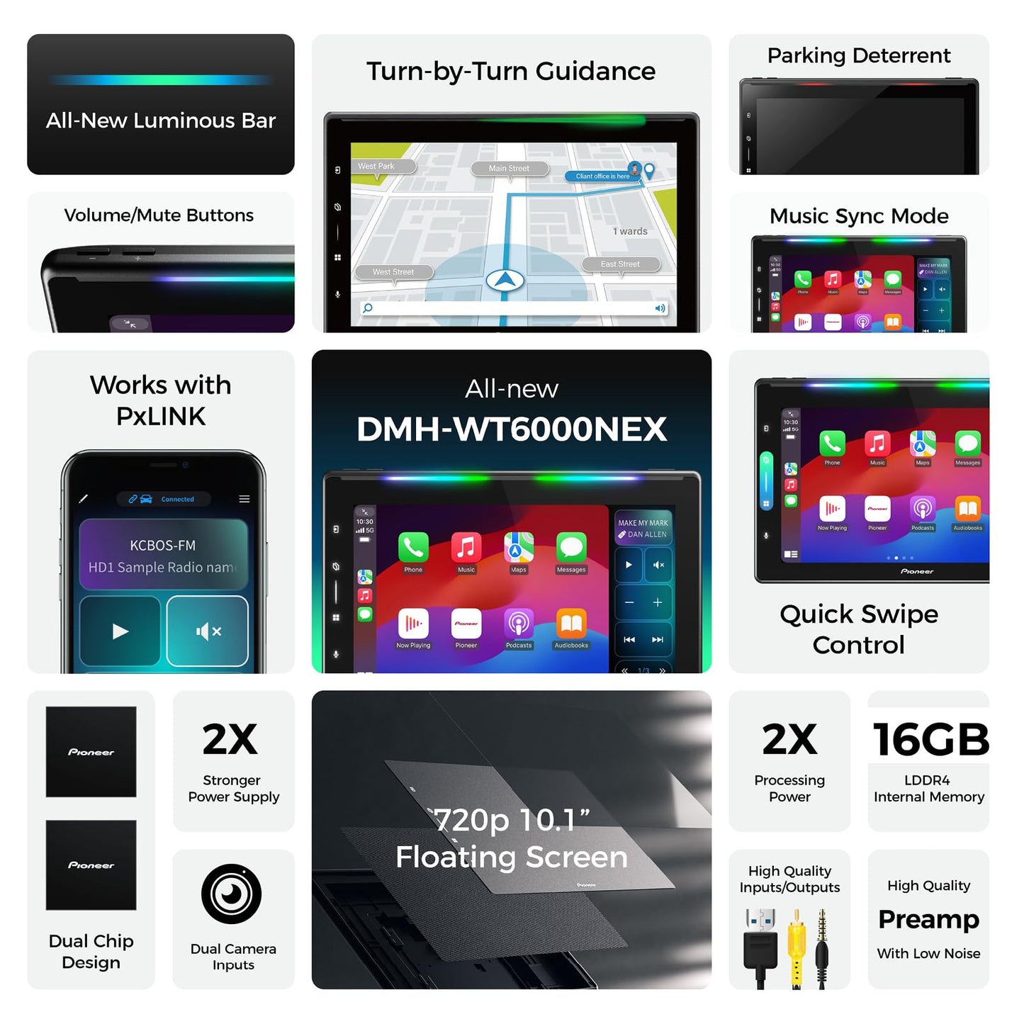 Pioneer DMH-WT6000NEX 10.1" Multimedia Digital Media Receiver Single Din - Built in WiFi, Bluetooth, Wireless Apple CarPlay, Android Auto, HD Radio, Luminous Bar, Touchscreen, Rear Camera Inputs