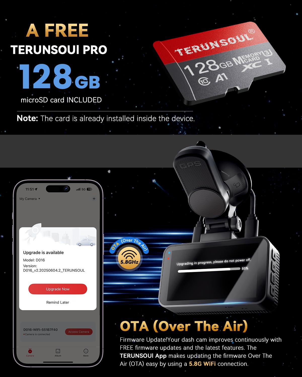 TERUNSOUl 4K+4K Dash Cam Front and Rear, Free 128GB Card Included, 5.8GHz WiFi Dash Camera for Cars, Built-in GPS, G-Sensor, 170°Wide Angle, 3" IPS Screen, 24H Parking Mode, Support 512GB Max