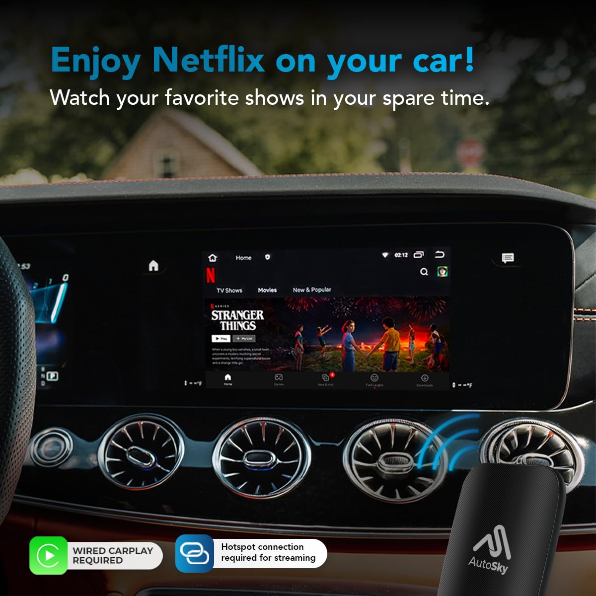 AutoSky AI Box Lite – Wireless CarPlay & Android Auto Adapter with Netflix & YouTube – Plug & Play CarPlay Converter – Works with Factory Wired CarPlay Systems (2016+)