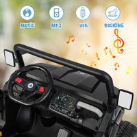 OLAKIDS 2 Seater Ride On Car, 12V Off-Road UTV Electric Vehicle with Remote Control, Dump Bed, Extra Shovel, Music, USB, AUX, Rocking Function, Kids Toddlers Battery Powered Truck (Dark Black)