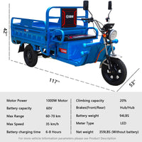 ASHOMELI 1000W Electric Cargo Tricycle Truck Simple Tricycle,60-70Km 60V 45Ah Large Capacity Battery,Load Capacity 1100Lbs