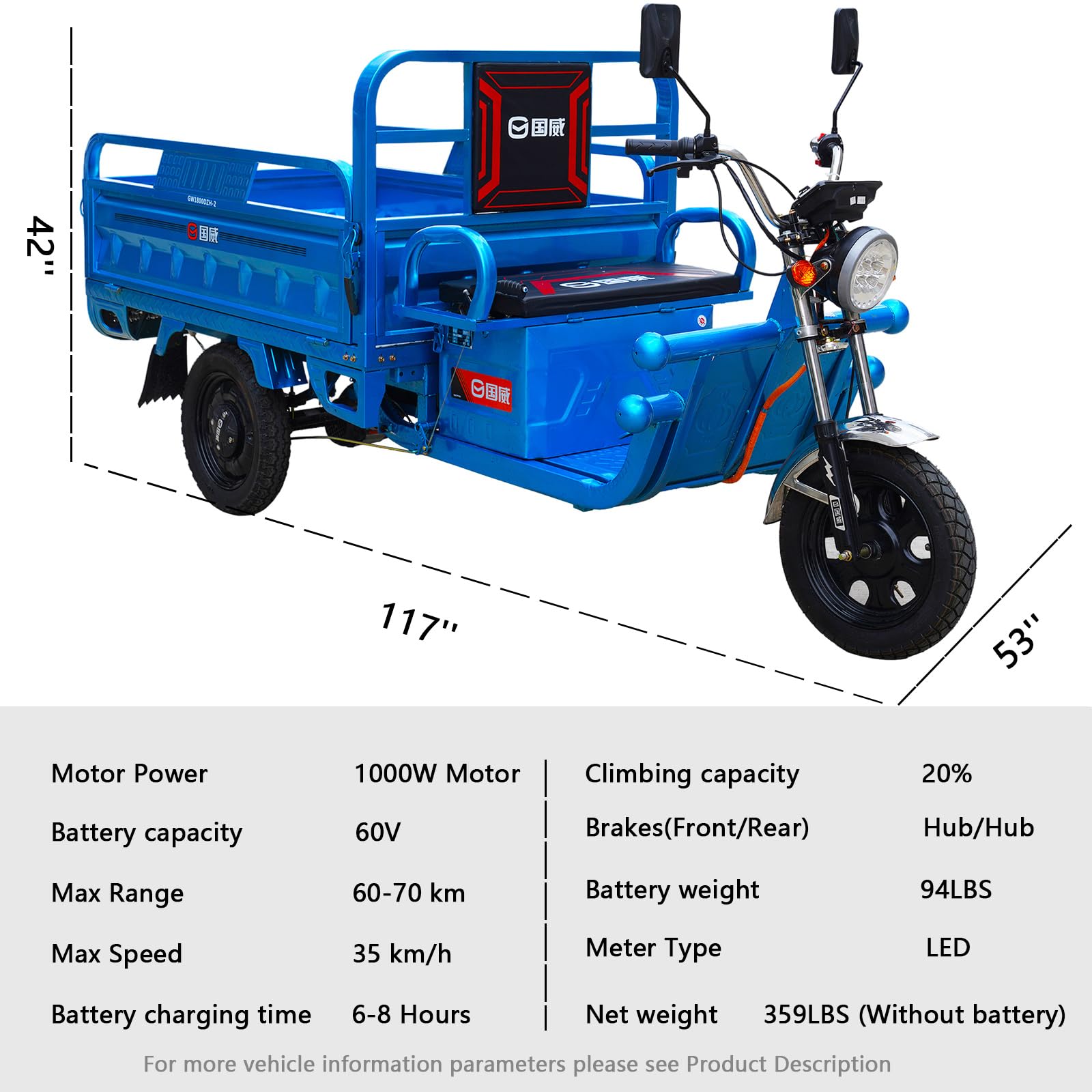 ASHOMELI 1000W Electric Cargo Tricycle Truck Simple Tricycle,60-70Km 60V 45Ah Large Capacity Battery,Load Capacity 1100Lbs