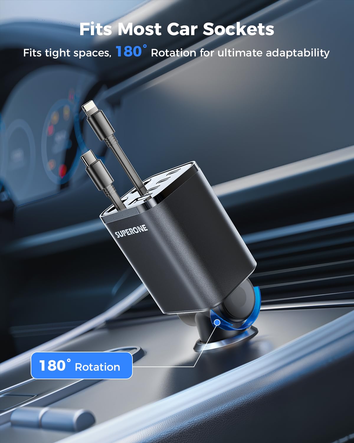 Retractable Car Charger, SUPERONE 99W Car Phone Charger with Cables Fast Charging, USB C Car Charger Adapter for iPhone 17 16 15 14 13 12, Samsung, Black