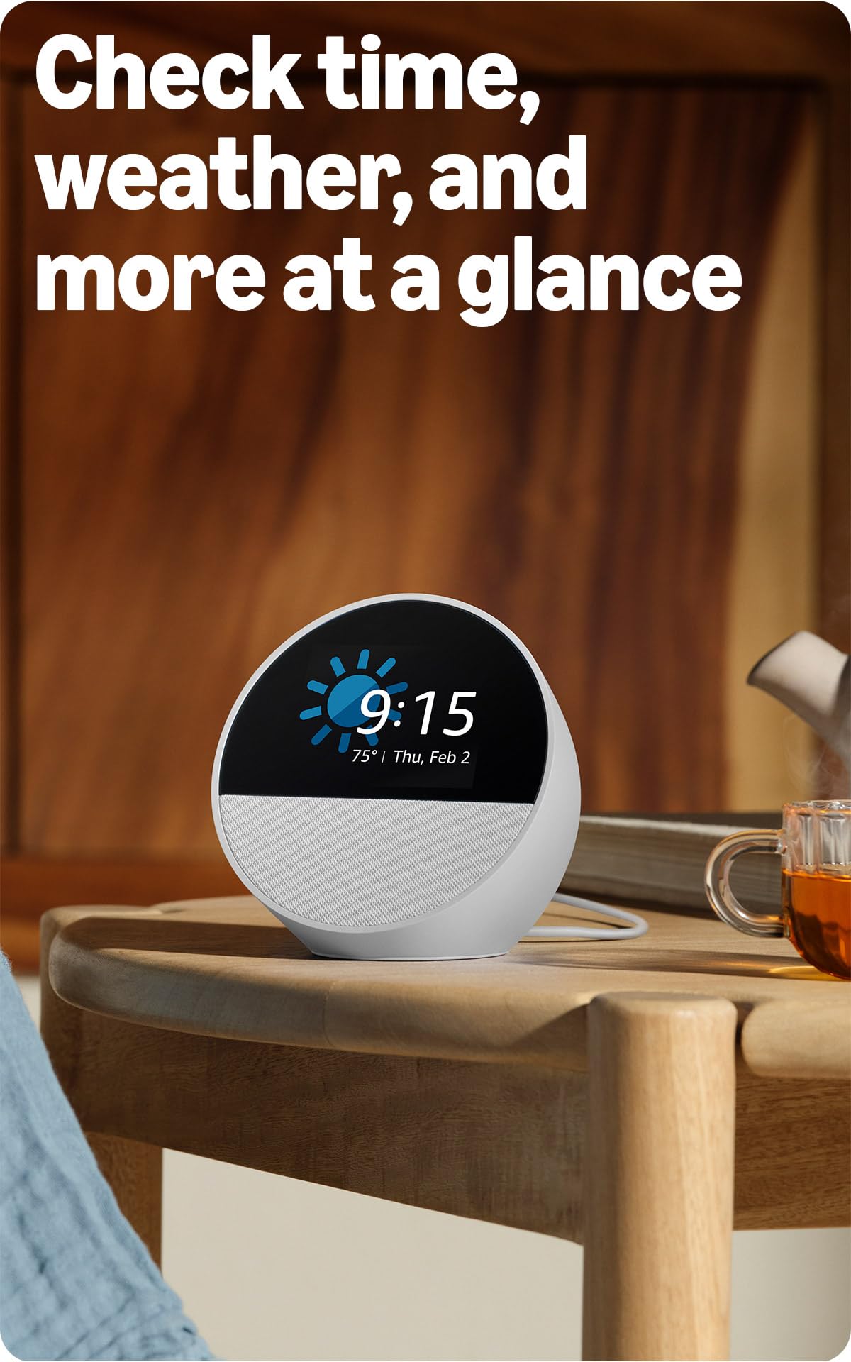 Amazon Echo Spot (newest model), Great for nightstands, offices and kitchens, Smart alarm clock with Alexa, Glacier White