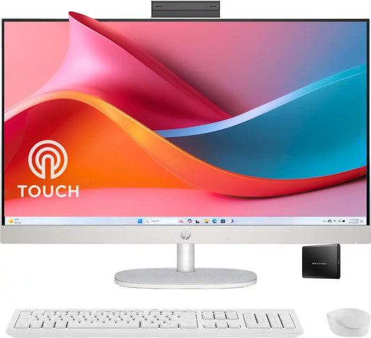 HP 27" FHD Touchscreen All-in-One Desktop Computer, 16GB DDR5 RAM, 1TB SSD, AMD Ryzen 5 7520U Processor, WiFi6, Wireless Keyboard & Mouse, Windows 11