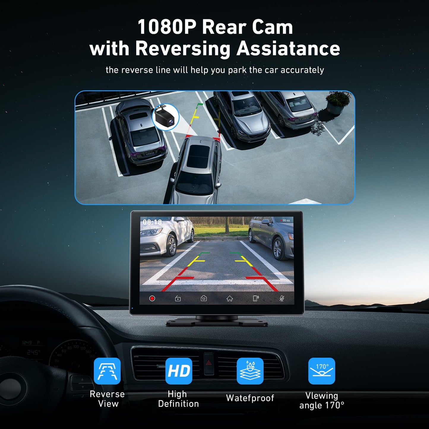 Gikktdr Wireless Carplay Screen for Car & Android Auto, 4K Dash Cam + 1080P Backup Camera, Portable Touchscreen, GPS Navigation, Bluetooth for All Cars (9inch)