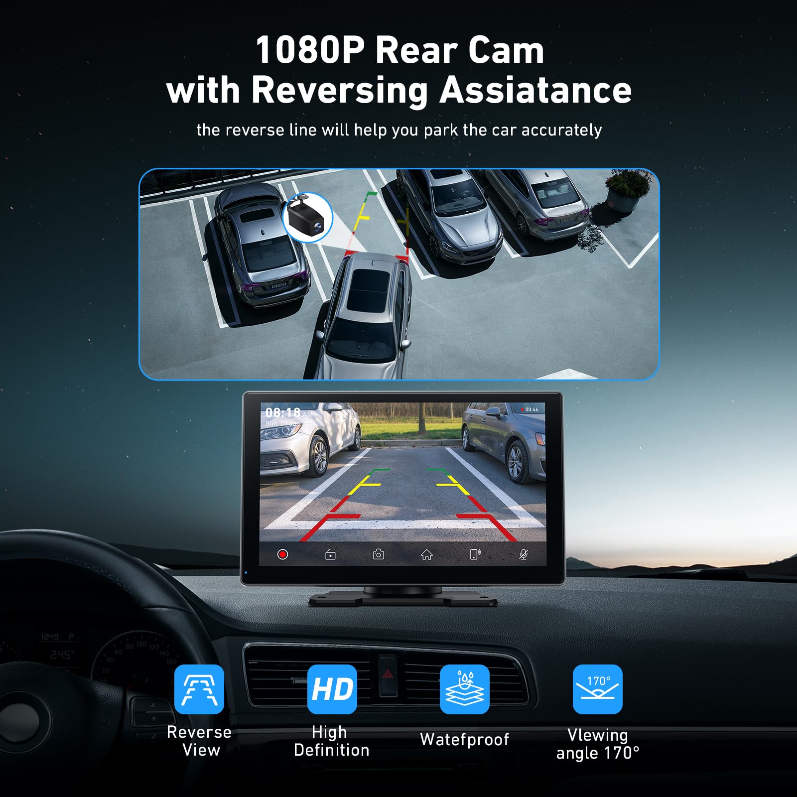 Gikktdr Wireless Carplay Screen for Car & Android Auto, 4K Dash Cam + 1080P Backup Camera, Portable Touchscreen, GPS Navigation, Bluetooth for All Cars (9inch)