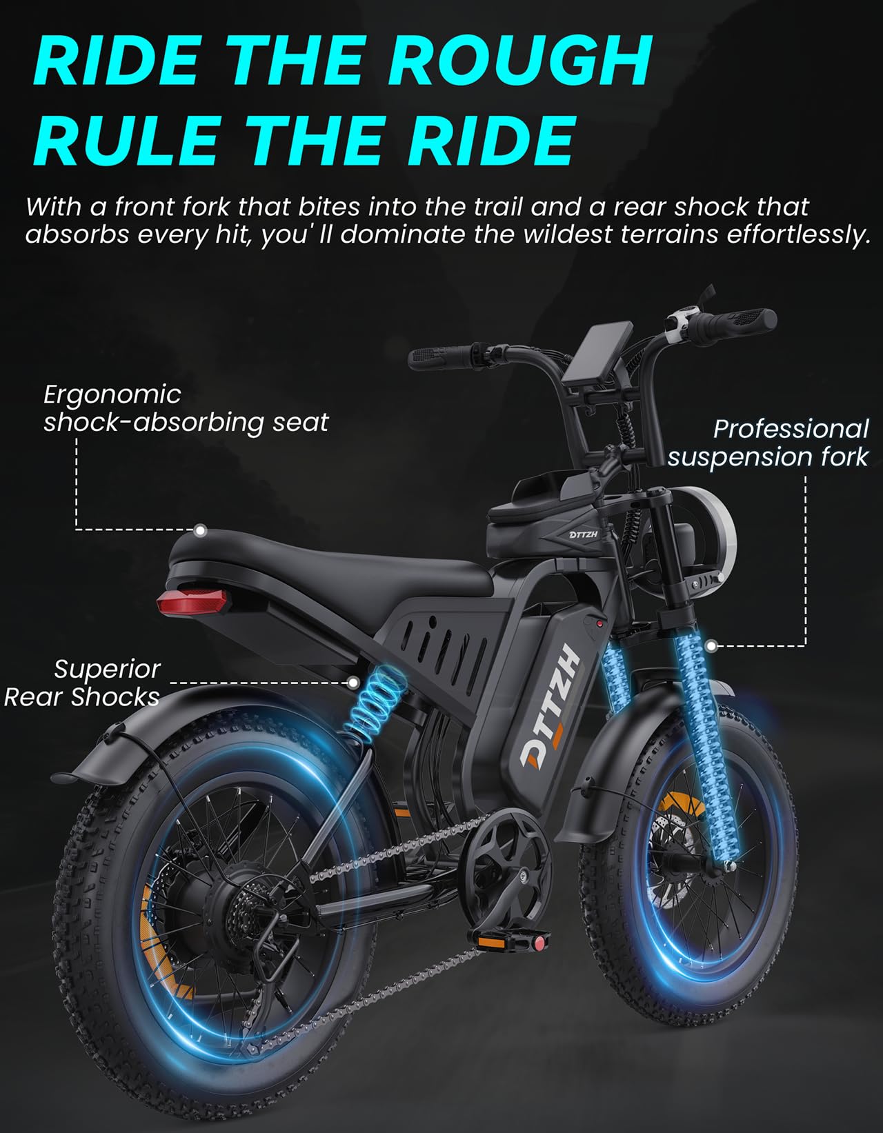 DTTZH F6 1500W Adult Electric Bike, 33MPH Fast E Bikes for Adults Electric, 20" x 4" Fat Tire Ebike, 750W Motor Long Range Electric Mountain Bikes, 48V 15Ah UL 2849 Certified, 60 Miles Range - Black