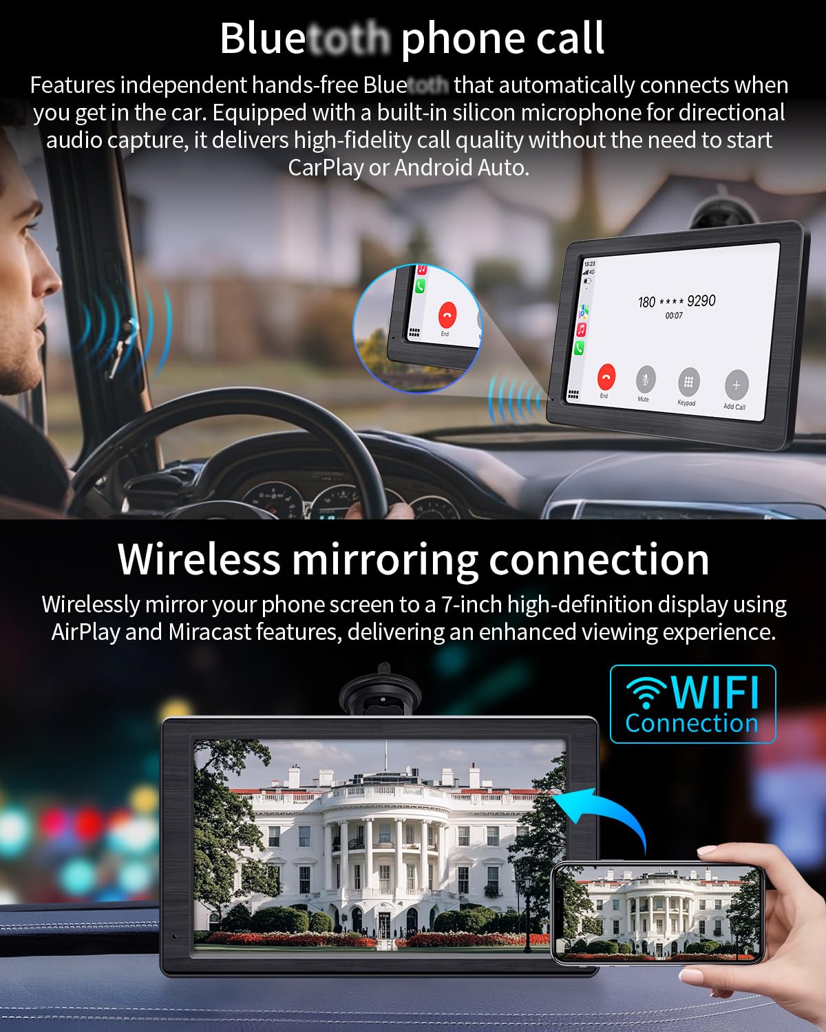 Portable Apple Carplay Screen for Car, 7" HD Car Stereo Touchscreen with Wireless CarPlay & Android Auto, Mirror Link, Bluetooth, Voice Control, Memory Card Playback, AUX - Fits All Vehicles