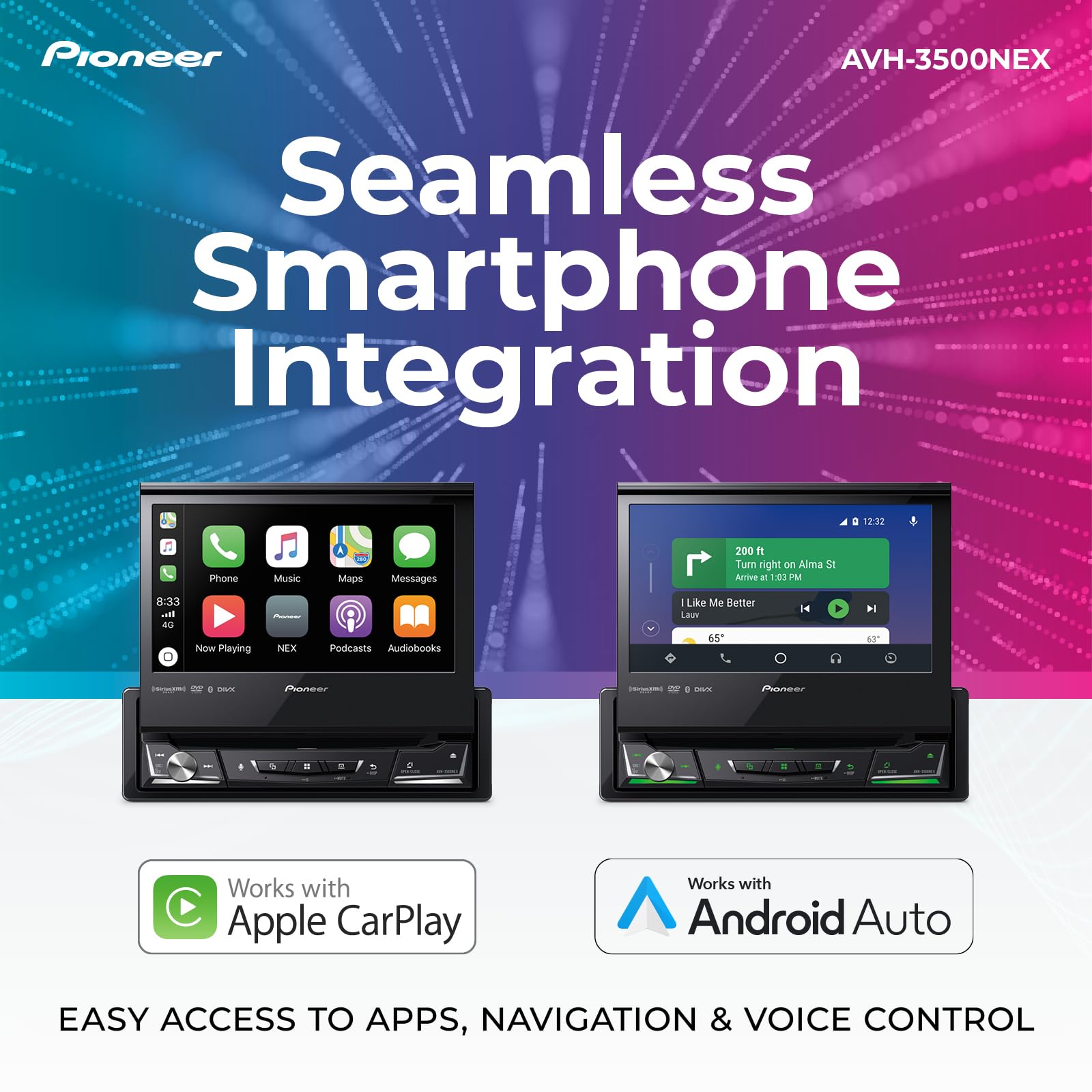 Pioneer AVH-3500NEX 7" Motorized Touchscreen, Single Din – Wired Apple CarPlay & Android Auto, Bluetooth, Backup Camera, HD Radio, SiriusXM, FLAC, Hi-Volt RCA