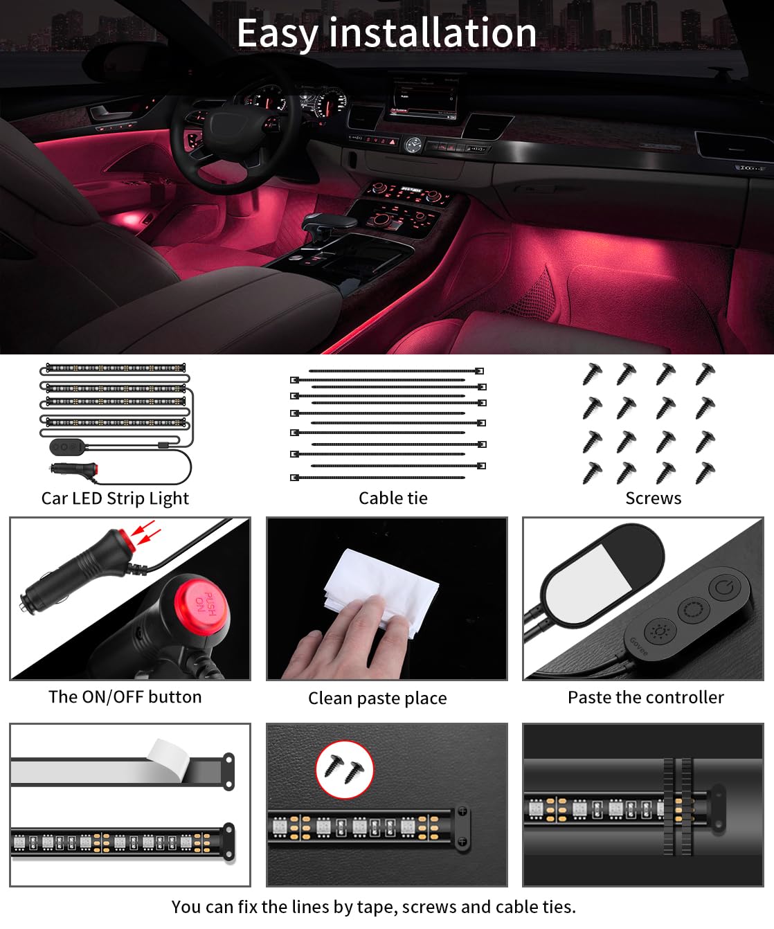 Govee Car LED Lights, Smart Car Interior Lights with App Control, RGB Lights with DIY Mode and Music Mode, 2 Lines Design LED Lights for Cars with Car Charger, 12V