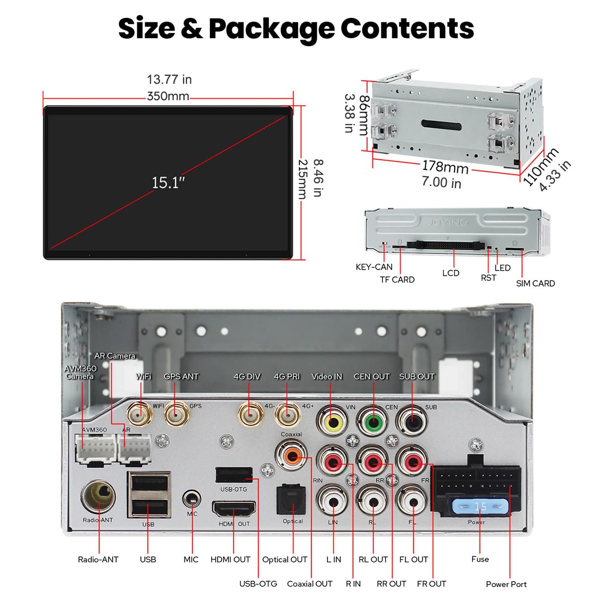 Joying 15.1 Inch Double Din Car Stereo, Car Radio with Apple Carplay & Android Auto, 8GB+128GB Android 13 Head Unit with Mirror Link, AM/FM, Bluetooth, SWC, GPS(JY-UTD15N8)