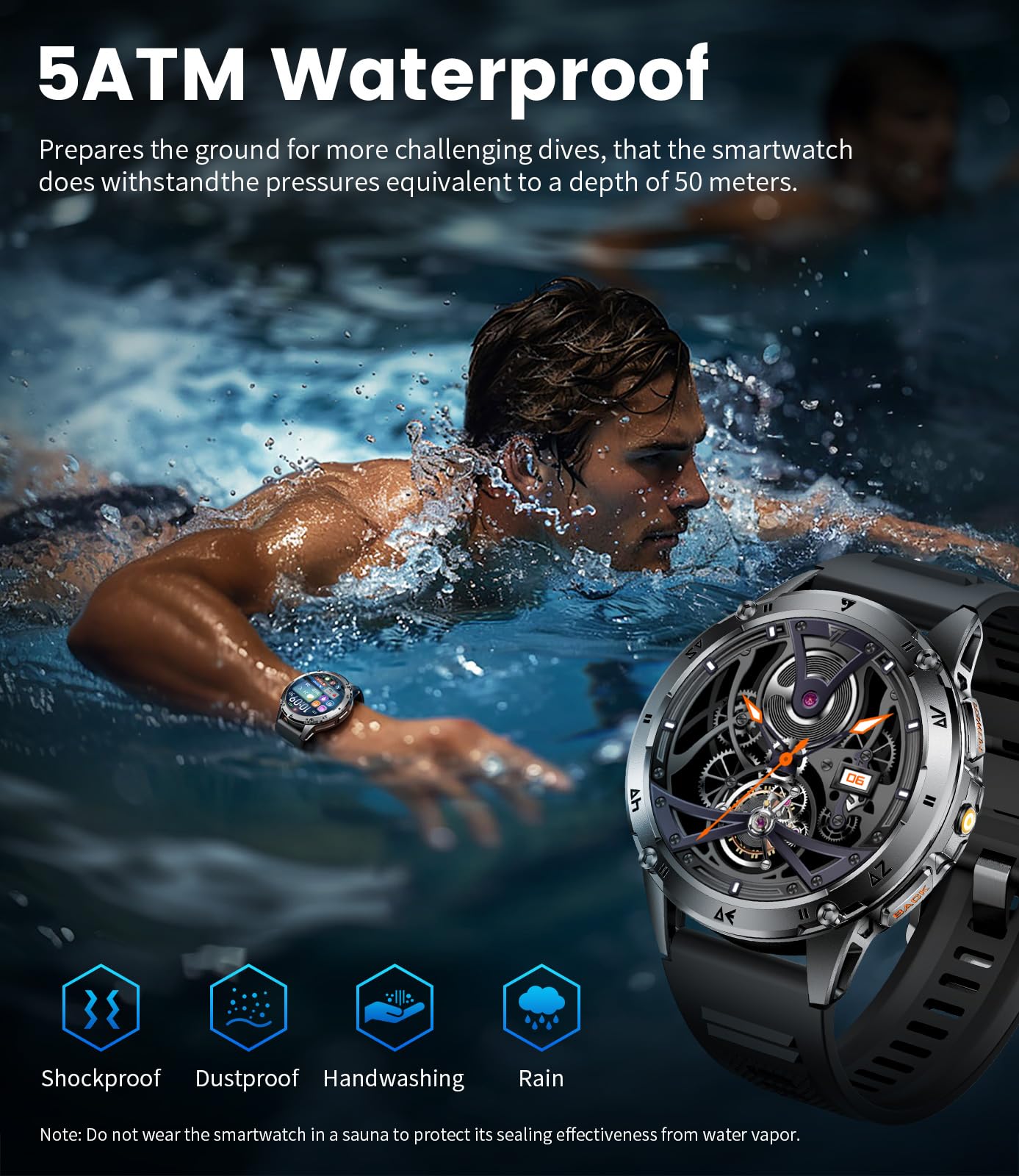 SUNKTA Military Smart Watches for Men,530mAh Large Battery,1.43" AMOLED Heart Rate/Sleep Monitor 5ATM Waterproof Smartwatch for Android iOS (Answer/Make Calls),Fitness Tracker with LED Flashlight