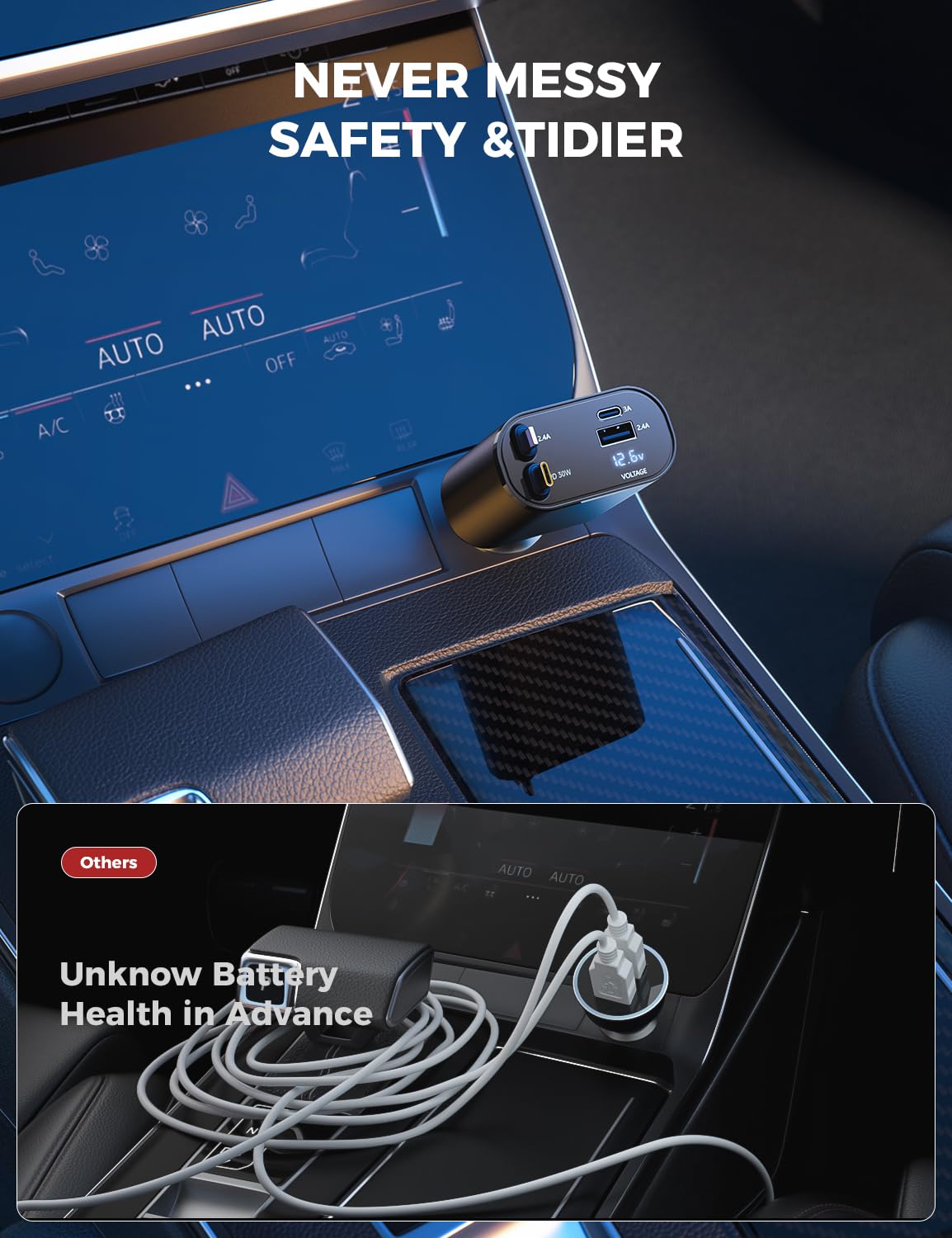 【Upgraded】 SUPERONE Retractable Car Charger 4 in 1, Fast Car Phone Charger with Cord 2.6ft, USB C and Apple Car Adapter, Compatible with iPhone 17 16 15/15 Pro Max/14/13/12/11, Galaxy, Pixel