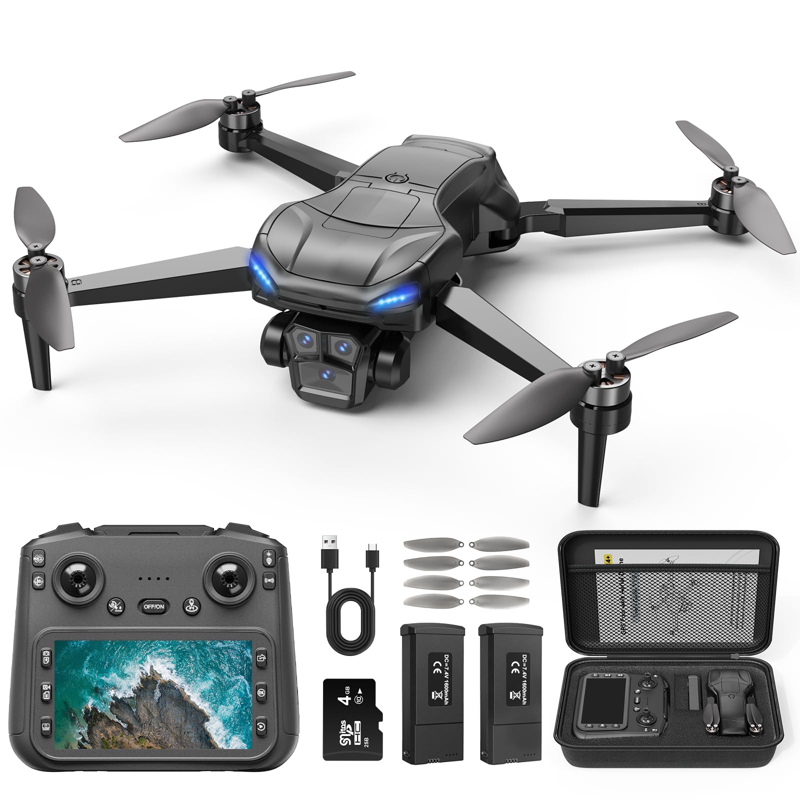 Naseto GPS Drone with 4k camera for adults,4.5’’ LCD Screen Controller, Brushless Motor, 60-Min Flight Time with 2 Batteries, SD Card Included, 5G FPV Quadcopter with Auto Return, Gift for Beginners