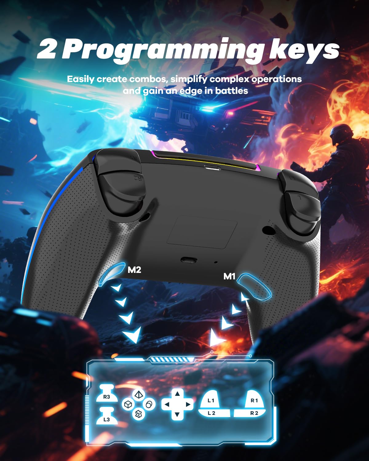 MYSTILUCK Wireless Controller For PS-5/Pro/PC/MAC/iOS/Android/Steam Deck, Gamepad with 7 Color RGB Lighting/Hall Effect Joystick/Dual Vibration/Turbo/Programmable/Headset Jack/Touchpad/1500 mAh Battery