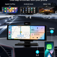 Portable Apple Carplay Screen, 10’’ Car Stereo Wireless Car Play & Android Auto Touch Screen, 4K Dash Cam, 1080P Backup Camera, Mirror Link/Voice Control/Music Play/GPS Navigation