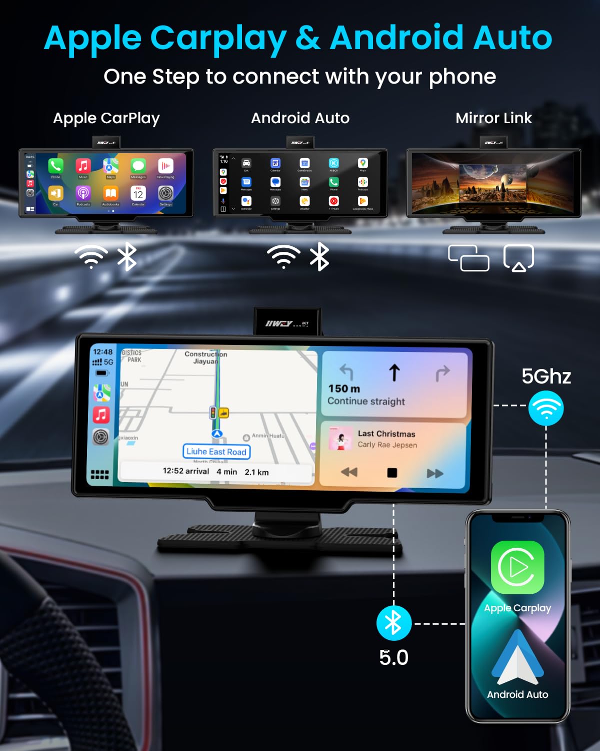 Portable Apple Carplay Screen, 10’’ Car Stereo Wireless Car Play & Android Auto Touch Screen, 4K Dash Cam, 1080P Backup Camera, Mirror Link/Voice Control/Music Play/GPS Navigation