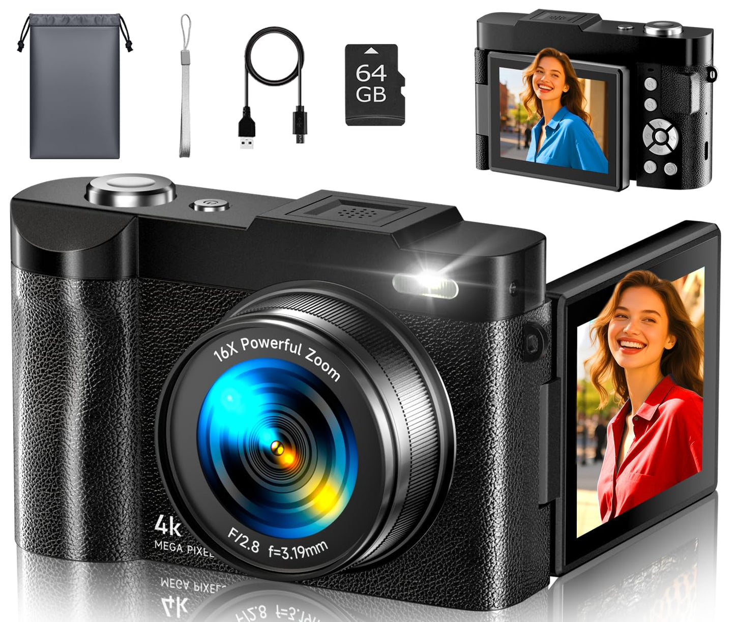 4K Digital Camera for Photography- 50MP Autofocus Vlogging Camera with 2.8" 180° Flip Screen, 16X Digital Zoom- Compact Point and Shoot Camera with 64GB SD for YouTube, Travel, Beginners - Volt-Edge Technologies®