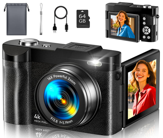 4K Digital Camera for Photography- 50MP Autofocus Vlogging Camera with 2.8" 180° Flip Screen, 16X Digital Zoom- Compact Point and Shoot Camera with 64GB SD for YouTube, Travel, Beginners - Volt-Edge Technologies®