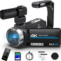 4K Camcorder Video Camera Ultra HD 80MP Vlogging Camera for YouTube IR Night Vision Camera 18X Digital Zoom 3.0 IPS Screen Video Recorder with 32GB SD Card, 2 Batteries, Remote Control, and Stabilizer