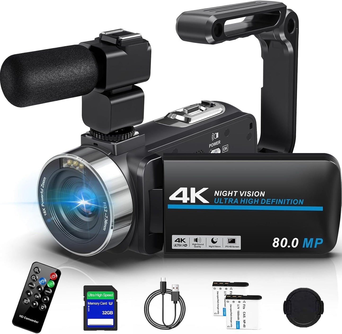 4K Camcorder Video Camera Ultra HD 80MP Vlogging Camera for YouTube IR Night Vision Camera 18X Digital Zoom 3.0 IPS Screen Video Recorder with 32GB SD Card, 2 Batteries, Remote Control, and Stabilizer