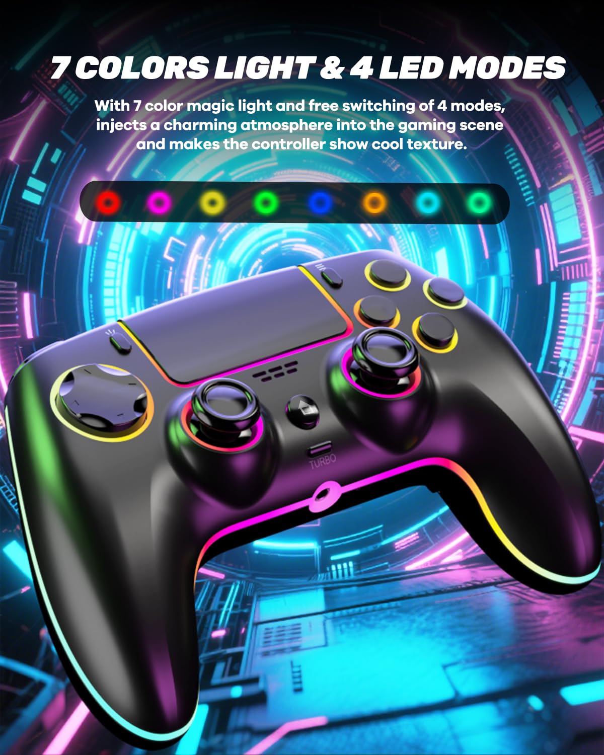 MYSTILUCK Wireless Controller For PS-5/Pro/PC/MAC/iOS/Android/Steam Deck, Gamepad with 7 Color RGB Lighting/Hall Effect Joystick/Dual Vibration/Turbo/Programmable/Headset Jack/Touchpad/1500 mAh Battery